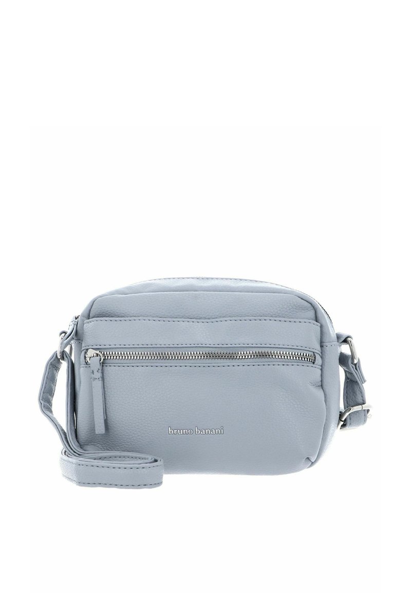 Sac bandoulière en cuir gris avec bandoulière réglable, poche avant zippée, logo embossé et finition texturée. Design compact et rectangulaire.