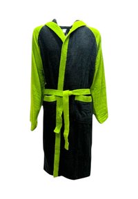 Accappatoio con cappuccio, nero con dettagli in verde brillante. Realizzato in tessuto morbido e strutturato, presenta una cintura in vita e due tasche frontali.