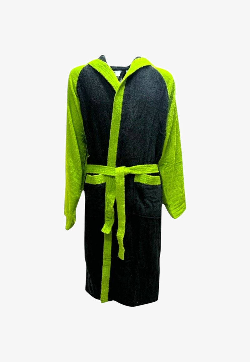 Accappatoio con cappuccio, nero con dettagli in verde brillante. Realizzato in tessuto morbido e strutturato, presenta una cintura in vita e due tasche frontali.