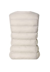 Chaleco blanco acolchado con secciones horizontales, con un escote redondeado y sin mangas, hecho de un material ligero.