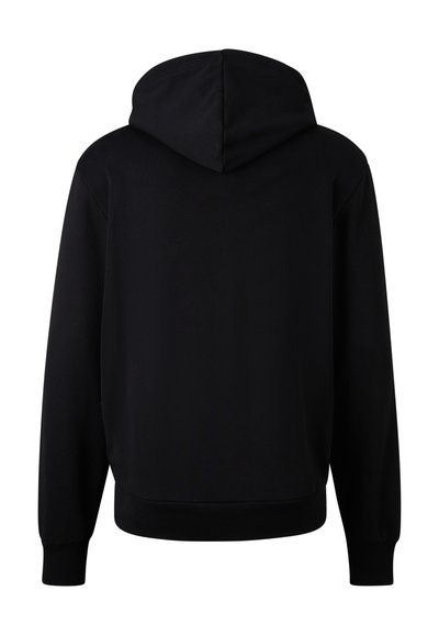 Zwarte hoodie met lange mouwen, ribbelmanchetten en -zoom, van achteren getoond tegen een witte achtergrond.