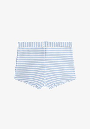 Svetlomodré a biele pruhované plavecké šortky s prislúchajúcim opaskom a obdĺžnikovou prackou, zobrazené na bielom pozadí.