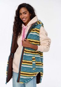 Erksin triibuline vest, mis on valmistatud pehmest ja siidiselt siidisest materjalist. Omab kollaseid, siniseid ja pruunisid triibusid, pruuni tikitud voodrit ja küljetaskuid.