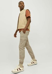 Beige sleeveless vest, brown shirt, and light beige cargo pants worn with white sneakers featuring maroon accents. Casual outfit for warm weather.