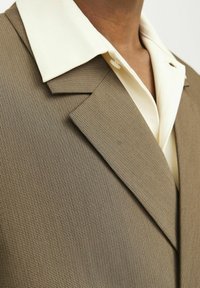 Giacca di suit marrone con tessuto strutturato e una camicia di un leggero color crema. Presenta rever a punta e un motivo a quadretti fine sul tessuto.
