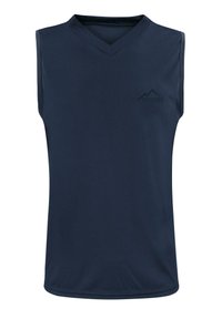 Marinefarbendes ärmelloses Sportshirt mit V-Ausschnitt, glatter Textur und kleinem Berg-Logo auf der Brust. Hergestellt aus feuchtigkeitsableitendem Material.