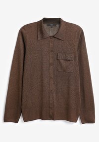 Brun langærmet cardigan i et tekstureret strikstof. Udstyret med krave, frontknaplukning og en enkelt brystlomme.