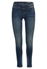 Jeans ajustados de mezclilla azul oscura, con cuatro bolsillos, cierre de botón y detalles de desvanecimiento en los muslos para mayor textura.