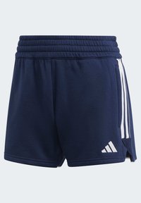 Marineblauwe sportshorts met een gestructureerde weving, voorzien van een brede elastische tailleband, witte zijkanten en een klein logo op de zoom.