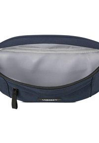 Sacca in tessuto blu navy con interno grigio, chiusura con zip, forma piatta, etichetta del marchio sul fronte e tirazip testurizzato.