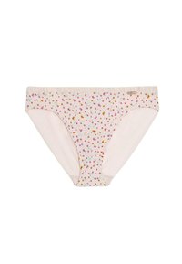 Intimo a fiori realizzato in morbido cotone, con uno sfondo rosa chiaro e fiori decorativi multicolori. Vita elastica.