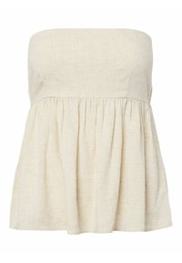 Top beige en lin sans bretelles, taille froncée et tissu ample et fluide sous la poitrine.