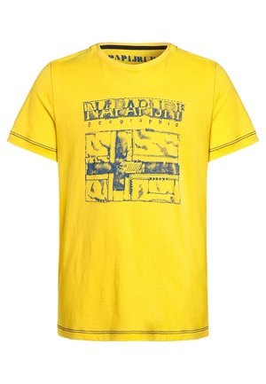 Gelbes Baumwoll-T-Shirt mit blauer Grafikdruck und kontrastierenden Nähten an Ausschnitt und Saum. Lässiges Design mit kurzen Ärmeln.