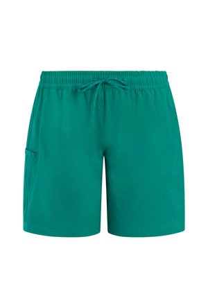 Turquoise short met elastische taille, trekkoord en zijzak, gemaakt van gestructureerde stof en voorzien van een subtiel logo bij de zoom.