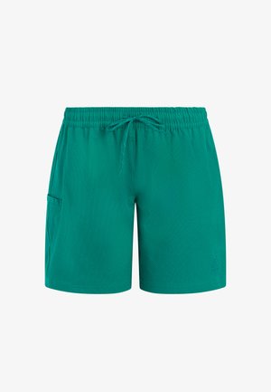 Turquoise short met elastische taille, trekkoord en zijzak, gemaakt van gestructureerde stof en voorzien van een subtiel logo bij de zoom.