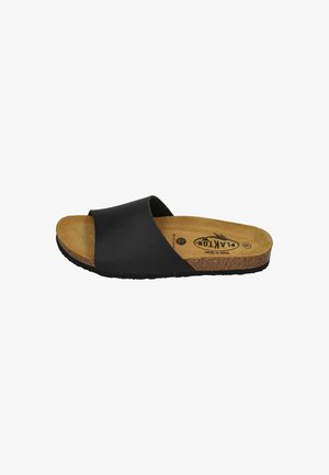 Black slide sandal with a wide strap, cork footbed, and textured rubber sole. Features a simple, flat design suitable for casual wear.