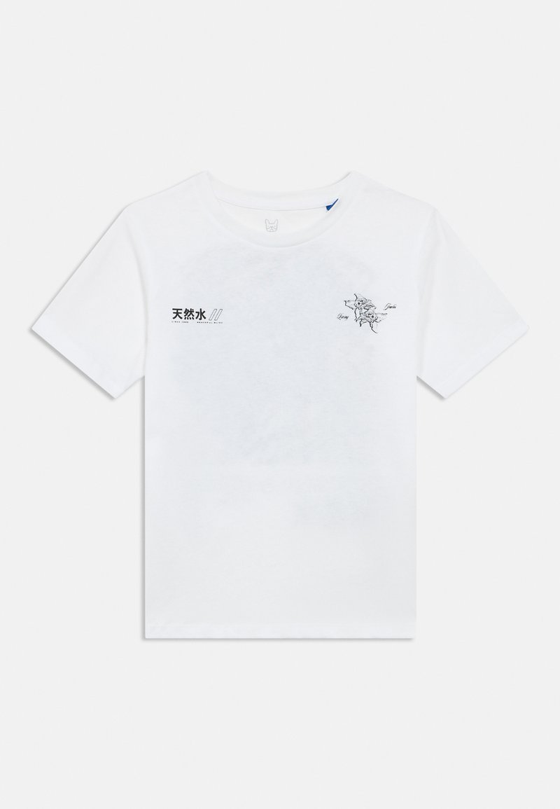 Λευκό βαμβακερό μπλουζάκι με στρογγυλή λαιμόκοψη, κοντά μανίκια και ένα μικρό μαύρο γραφικό που περιλαμβάνει κείμενο και απεικόνιση στο μπροστινό μέρος.