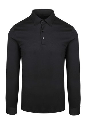Zwarte lange mouwen polo shirt met kraag, drie knopen aan de voorkant en een textuurstof. Eenvoudig ontwerp met een getailleerde pasvorm.