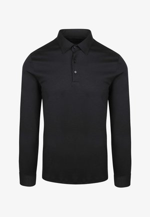Schwarzes Langarm-Polohemd mit Kragen, drei Frontknöpfen und einem strukturierten Stoff. Einfaches Design mit einer taillierten Silhouette.