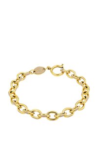 Bracciale in metallo dorato con forme ovali e rotonde collegate, dotato di chiusura a gancio e un'etichetta ovale con marchio. Finitura liscia e lucida.