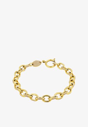 Bracciale in metallo dorato con forme ovali e rotonde collegate, dotato di chiusura a gancio e un'etichetta ovale con marchio. Finitura liscia e lucida.