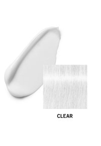 Texture crème blanche étalée sur la gauche, avec un gros plan sur une texture de cheveux fins gris clair à droite, étiquetée "CLAI".