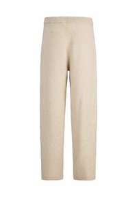 Pantaloni in lana beige con una vestibilità relax, caratterizzati da una vita a costine e un design alla caviglia. Morbida texture con dettagli di cucitura minimi.