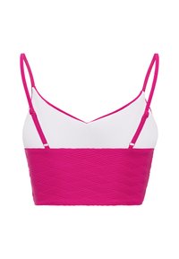 Top bikini rosa e bianco con spalline regolabili; motivo testurizzato sul tessuto rosa; parte superiore bianca liscia; design a forma di V.