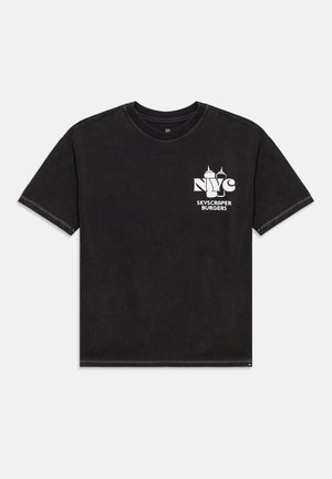 Black short-sleeve T-shirt with white "NYC Skyscraper Burgers" text and skyscraper graphic on the left chest area.