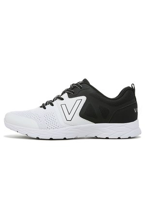 Men's athletic shoes in black and white with a mesh upper, textured accents, lightweight sole, and prominent logo on the side.