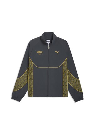 Giacca grigia scuro con zip, con motivi geometrici gialli sulle maniche e sui lati, con logo Pokémon e emblema Puma sul davanti.