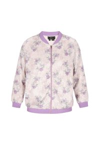 Paillet bomberjakke i lys pink med lilla accenter. Har blomster mønster i lavendel og grøn, ribbede manchetter og frontlynlås.