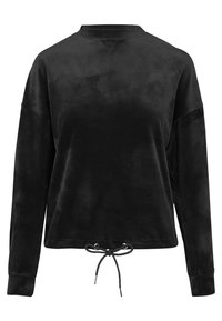 Sudadera negra de manga larga hecha de una tela suave, con un cuello tipo chimenea y un cordón en el dobladillo para mayor ajuste.