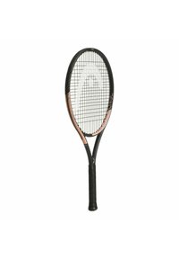Zwarte tennisracket met een ronde kop, geweven snaren en een textuur grip handvat. Kenmerkt subtiele roségouden accenten en logo.