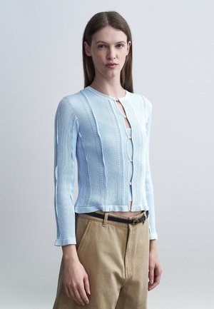 Mujer vestida con un cárdigan azul claro abotonado sobre un top a juego, combinado con pantalones beige y cinturón negro, frente a un fondo gris liso.