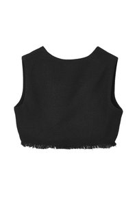 Top corto nero in tessuto texturizzato, con scollatura rotonda e orlo grezzo. Design senza maniche con silhouette aderente.