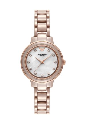 Roségouden keramisch Emporio Armani horloge met parelmoeren wijzerplaat, kristallen uurmarkeringen en schakelsluiting.