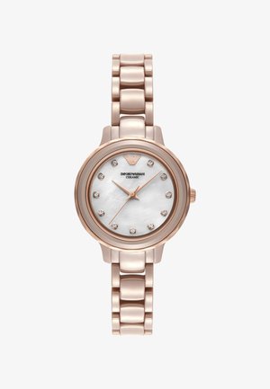Zegarek na rękę Emporio Armani z ceramiczną kopertą w kolorze różowego złota, tarczą z masy perłowej, kryształowymi znacznikami godzin i bransoletą z ogniw.