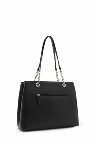 Black synthetic leather tote bag with a textured surface, featuring dual chain and strap handles, a front zip pocket, and a structured shape.