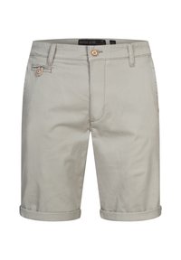 Jasnoszare bawełniane szorty z podwiniętymi nogawkami, z dwoma przednimi kieszeniami, brązowymi guzikami i subtelnymi detalami w szwie.
