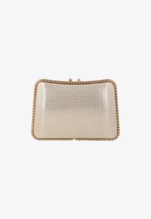 Piccola pochette beige con superficie strutturata e cornice in metallo dorato con chiusura.