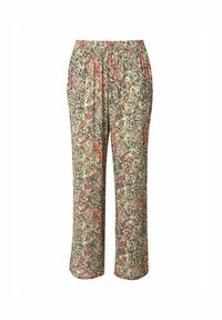 Pantaloni multicolore e fantasiosi con elastico in vita, realizzati in tessuto leggero con una vestibilità ampia, che mostrano una miscela di verde, rosso e marrone.