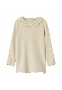 Langarmshirt in hellbeige mit Rüschenausschnitt und gewellten Manschetten. Weicher Stoff, gerader Saum mit Seitenschlitzen und dezentem Logoetikett.
