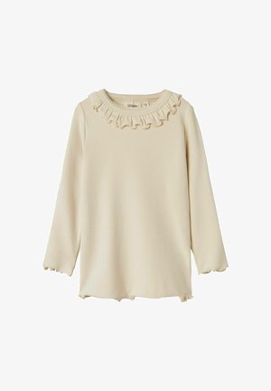 Langarmshirt in hellbeige mit Rüschenausschnitt und gewellten Manschetten. Weicher Stoff, gerader Saum mit Seitenschlitzen und dezentem Logoetikett.