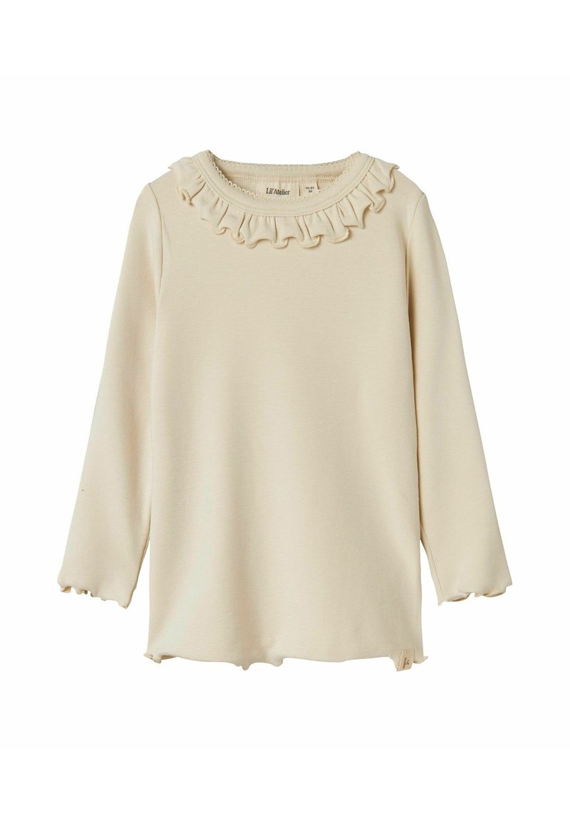 Langarmshirt in hellbeige mit Rüschenausschnitt und gewellten Manschetten. Weicher Stoff, gerader Saum mit Seitenschlitzen und dezentem Logoetikett.