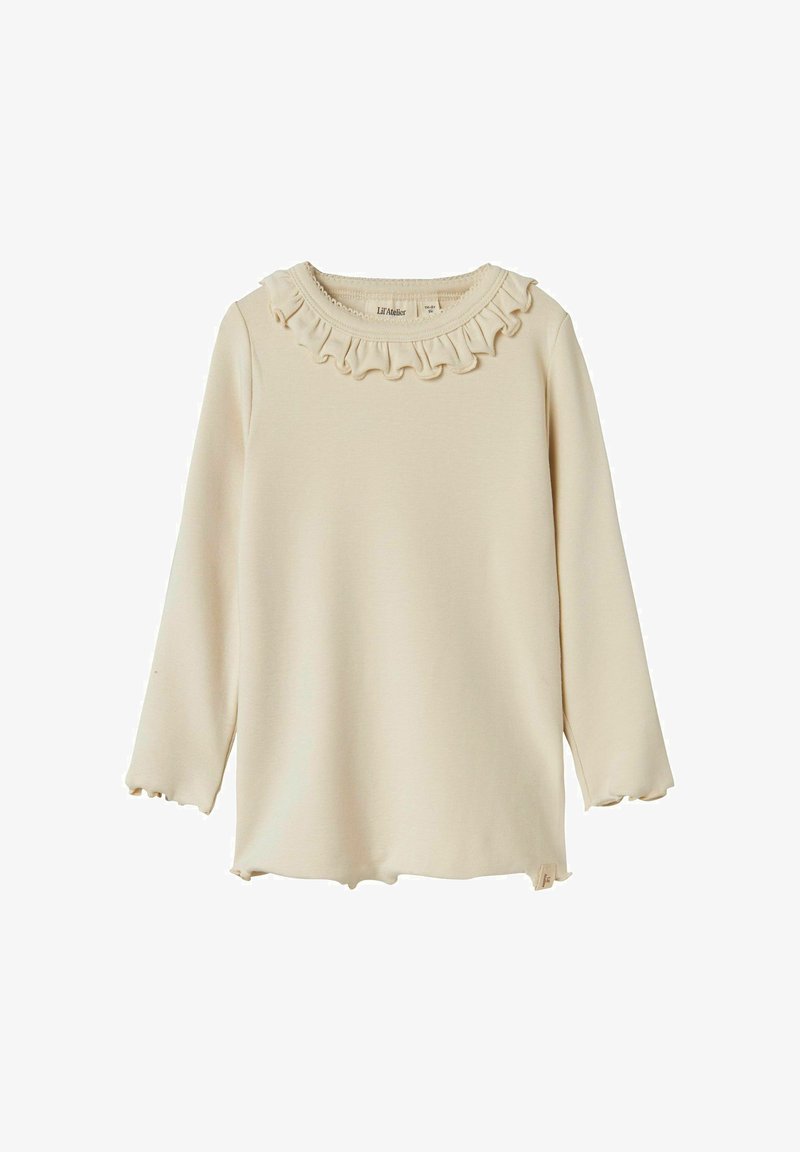 Langarmshirt in hellbeige mit Rüschenausschnitt und gewellten Manschetten. Weicher Stoff, gerader Saum mit Seitenschlitzen und dezentem Logoetikett.