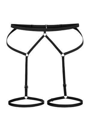 Black harness made of elastic material, featuring adjustable straps and circular rings at the waist and thighs for an open design.