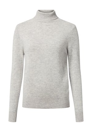 Pull à col roulé gris clair en tissu doux et texturé. Il possède des manches longues et un col et des poignets côtelés. Design simple, sans motifs.