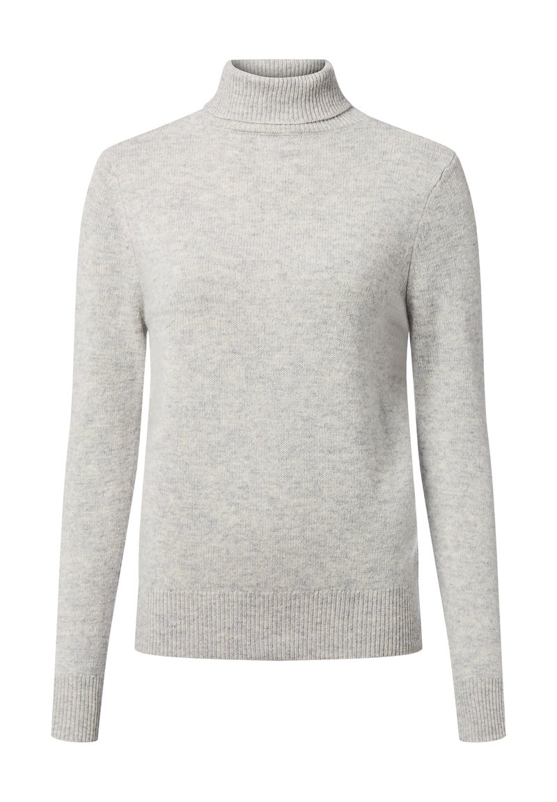 Jasnoszary sweter z golfem, wykonany z miękkiego, textured materiału. Posiada długie rękawy oraz prążkowany dekolt i mankiety. Prosty design, bez wzorów.
