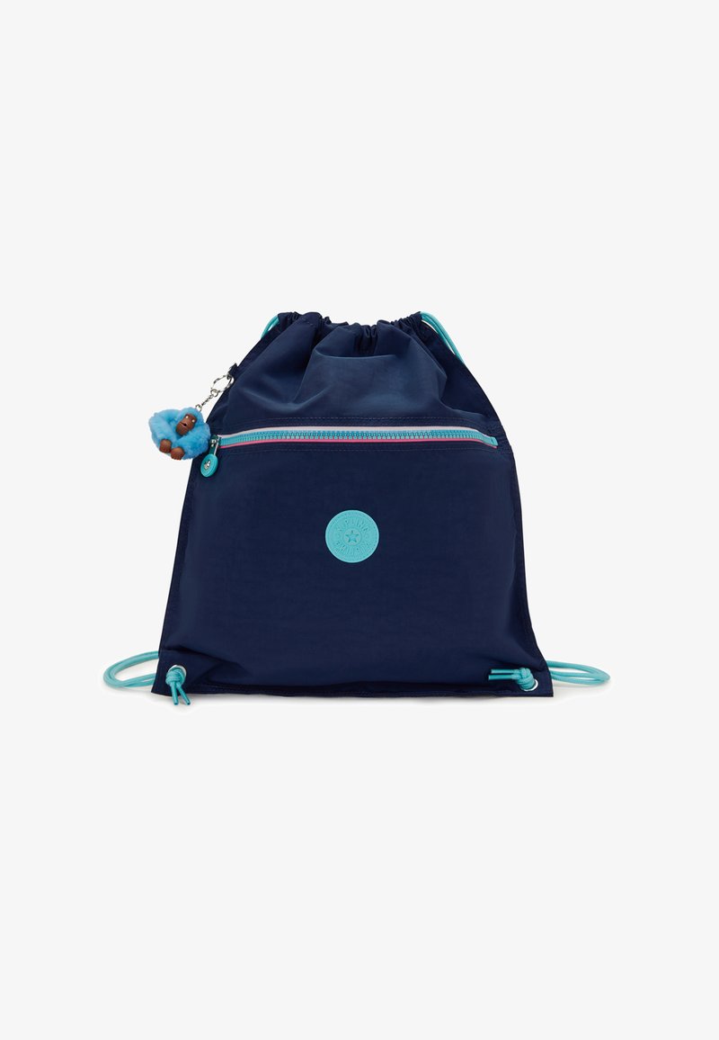 Bolsa de cordón color navy hecha de nylon duradero, con un bolsillo frontal con cremallera, detalles en verde azulado y un charm decorativo de piel sintética azul.